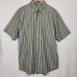 VTG 90s L.L. Bean Green Striped Short Sleeve Button Down Shirt L Regular Cotton